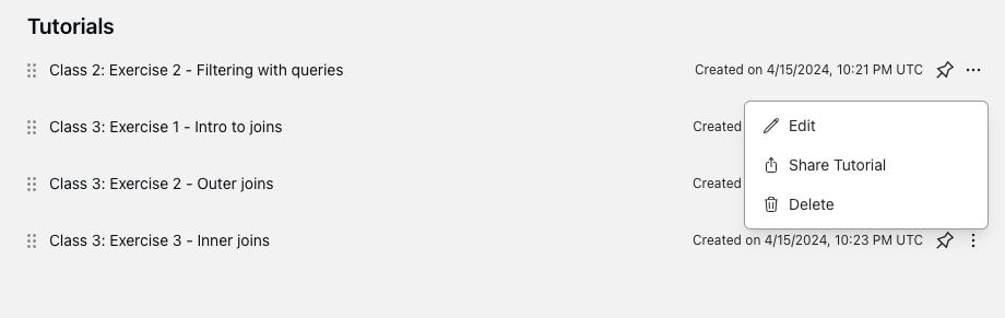 Screenshot of navigating to the tutorial edit page. Click the ellipsis to the right of a tutorial and click Edit