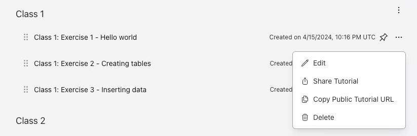 Screenshot of sharing a tutorial. Click the ellipsis to the right of a tutorial and click Share tutorial